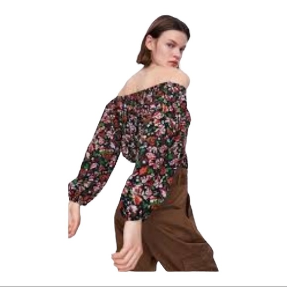 ZARA Black Floral Off the Shoulder Relaxed Fit Top Size XS - Picture 2 of 5